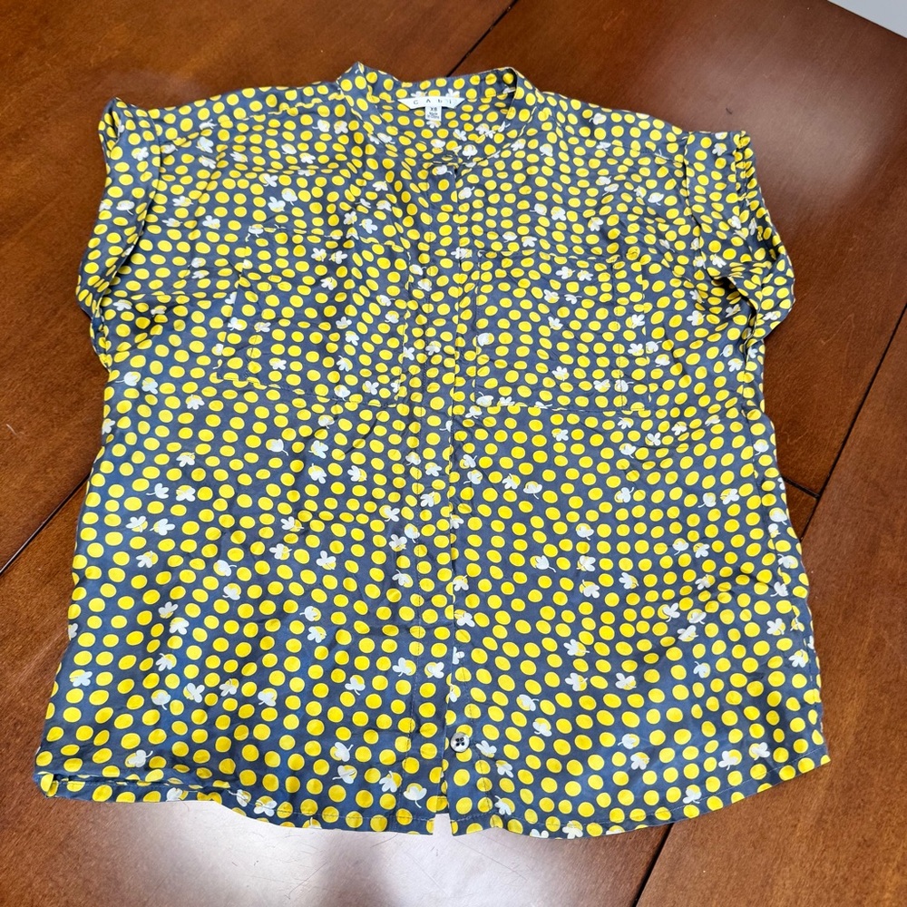 CAbi 100% Silk Clover Polka Dot Yellow Blouse Style #183 Button Down Boxy Cut XS - Picture 12 of 12